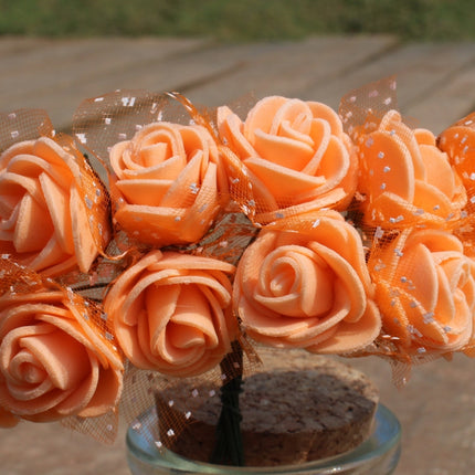 DIY Mini Foam Rose Artificial Flower Bouquet Multicolor Rose Wedding Flower Decoration Scrapbooking Fake Rose Flower(Orange)-garmade.com