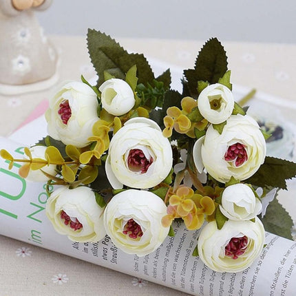 2 Bundle Retro Tea Roses Bride Bouquet Artificial Flowers(White)-garmade.com