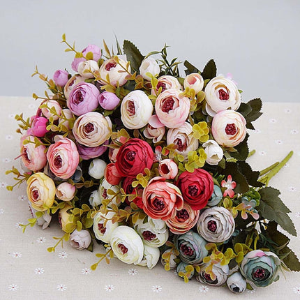 2 Bundle Retro Tea Roses Bride Bouquet Artificial Flowers(White)-garmade.com