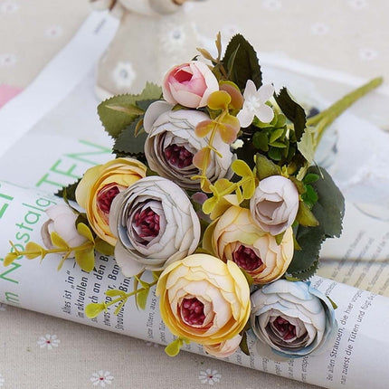 2 Bundle Retro Tea Roses Bride Bouquet Artificial Flowers(White)-garmade.com