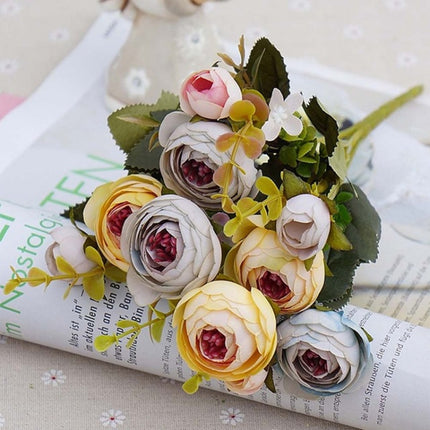 2 Bundle Retro Tea Roses Bride Bouquet Artificial Flowers(Yellow)-garmade.com