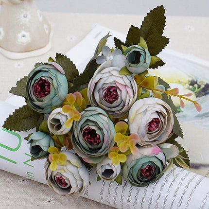 2 Bundle Retro Tea Roses Bride Bouquet Artificial Flowers(Gray Blue)-garmade.com