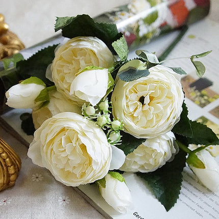 5 PCS Artificial Rose Flowers Small Bouquet Flores Home Party Wedding Fake Flower Decoration(White)-garmade.com