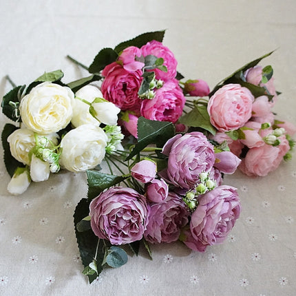 5 PCS Artificial Rose Flowers Small Bouquet Flores Home Party Wedding Fake Flower Decoration(White)-garmade.com