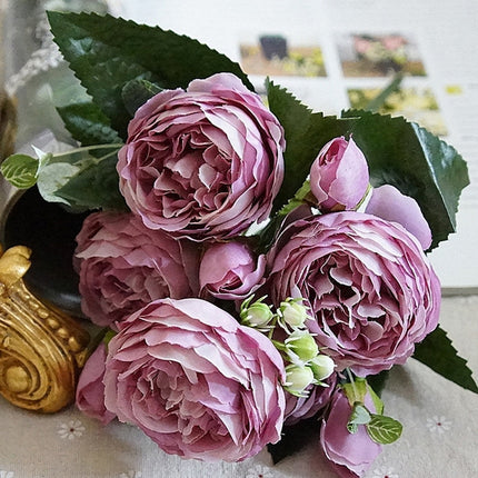 5 PCS Artificial Rose Flowers Small Bouquet Flores Home Party Wedding Fake Flower Decoration(Purple)-garmade.com