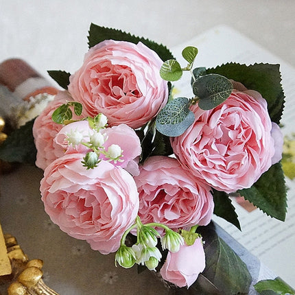 5 PCS Artificial Rose Flowers Small Bouquet Flores Home Party Wedding Fake Flower Decoration(Pink)-garmade.com