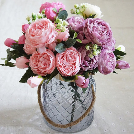 5 PCS Artificial Rose Flowers Small Bouquet Flores Home Party Wedding Fake Flower Decoration(Pink)-garmade.com