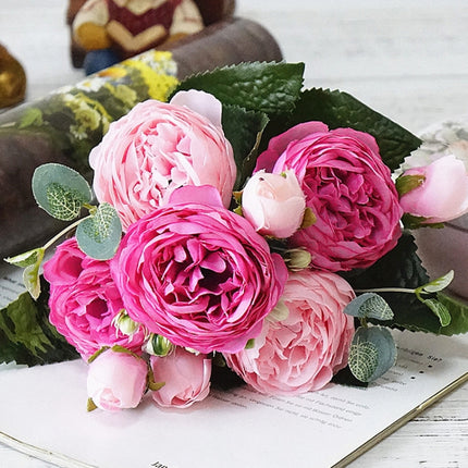 5 PCS Artificial Rose Flowers Small Bouquet Flores Home Party Wedding Fake Flower Decoration(Pink)-garmade.com