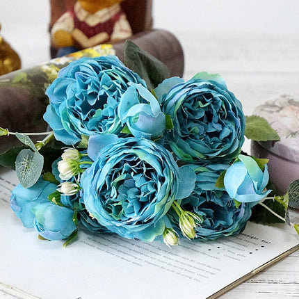 5 PCS Artificial Rose Flowers Small Bouquet Flores Home Party Wedding Fake Flower Decoration(Blue)-garmade.com