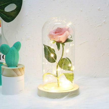 Simulation Roses Lights Glass Cover Decorations Crafts Valentines Day Gifts(Pink)-garmade.com