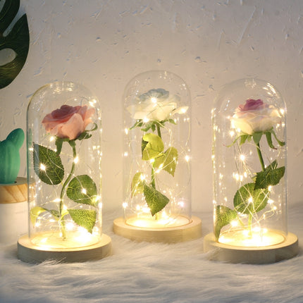 Simulation Roses Lights Glass Cover Decorations Crafts Valentines Day Gifts(Bright Color)-garmade.com