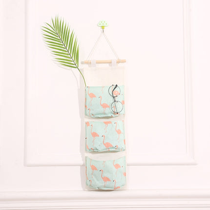 Cotton Linen Hanging Storage Bag 3 Pockets Wall Mounted Wardrobe Hang Bag Wall Pouch Cosmetic Toys Organizer(Green flamingo)-garmade.com