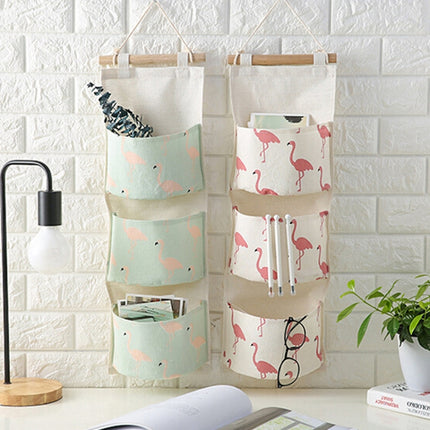 Cotton Linen Hanging Storage Bag 3 Pockets Wall Mounted Wardrobe Hang Bag Wall Pouch Cosmetic Toys Organizer(Green flamingo)-garmade.com