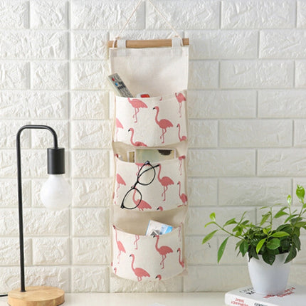 Cotton Linen Hanging Storage Bag 3 Pockets Wall Mounted Wardrobe Hang Bag Wall Pouch Cosmetic Toys Organizer(Green flamingo)-garmade.com