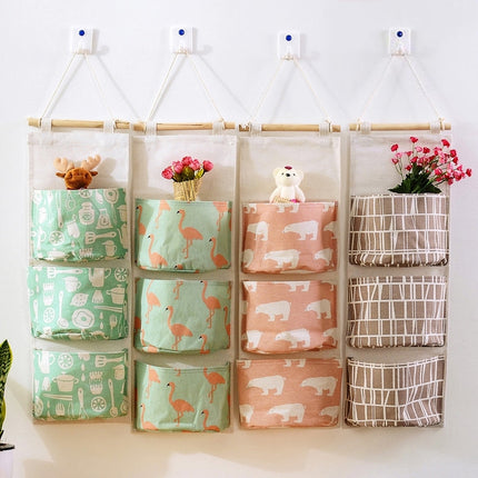 Cotton Linen Hanging Storage Bag 3 Pockets Wall Mounted Wardrobe Hang Bag Wall Pouch Cosmetic Toys Organizer(Green flamingo)-garmade.com