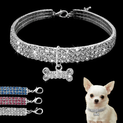 2 PCS Bling Rhinestone Dog Collar Crystal Puppy Chihuahua Pet Dog Collars Leash For Small Dogs Mascotas Accessories, Size:L (Blue)-garmade.com