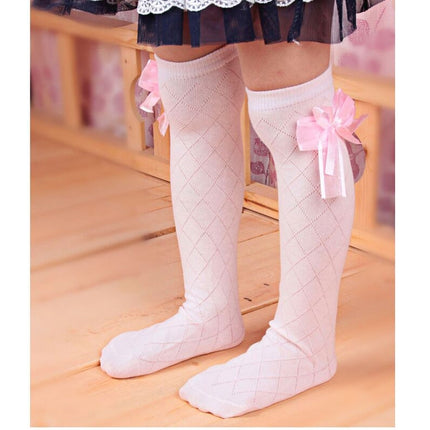 3 Pairs Children's Tube Socks Mesh Bow Princess Socks Square Grid Over Knee Socks, Size:43cm(pink)-garmade.com