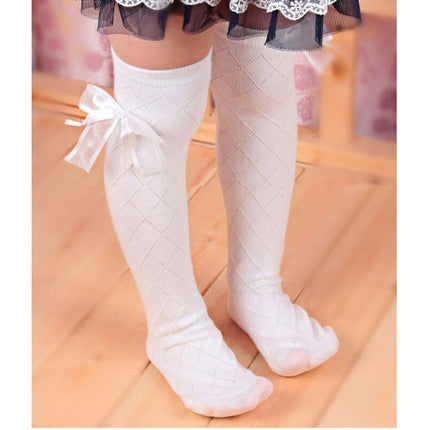3 Pairs Children's Tube Socks Mesh Bow Princess Socks Square Grid Over Knee Socks, Size:43cm(white)-garmade.com