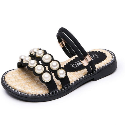 Children Pearl Baby Shoes Girls Shoes Two Wearing A Word Slippers, Size:27(Black)-garmade.com