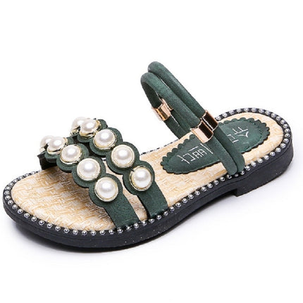 Children Pearl Baby Shoes Girls Shoes Two Wearing A Word Slippers, Size:32(Green)-garmade.com