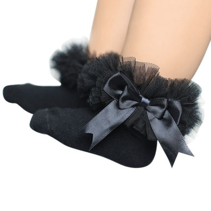 3 Pairs Bow Lace Socks Baby Cotton Ankle Socks, Size:S(Black)-garmade.com
