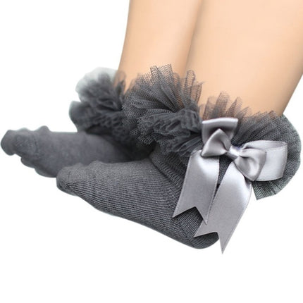 3 Pairs Bow Lace Socks Baby Cotton Ankle Socks, Size:S(Gray)-garmade.com