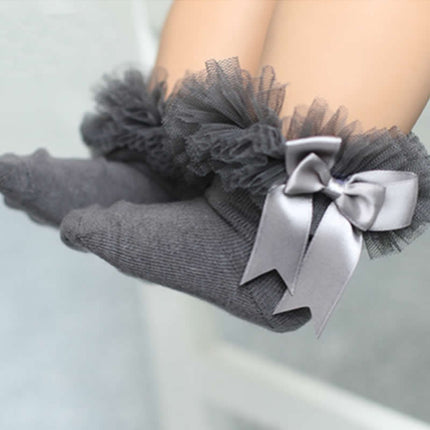 3 Pairs Bow Lace Socks Baby Cotton Ankle Socks, Size:S(Gray)-garmade.com