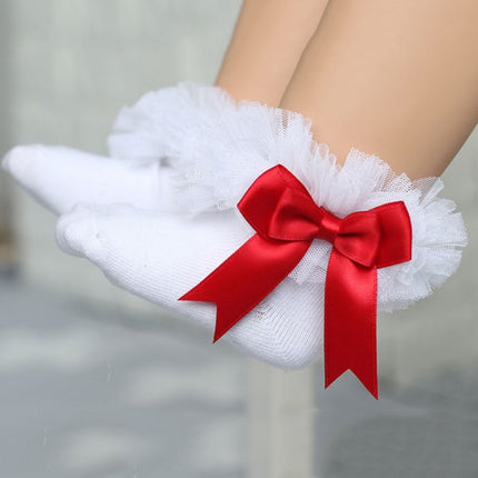 3 Pairs Bow Lace Socks Baby Cotton Ankle Socks, Size:S(White Socks Red Bow)-garmade.com
