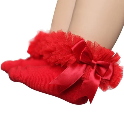 3 Pairs Bow Lace Socks Baby Cotton Ankle Socks, Size:S(Red)-garmade.com