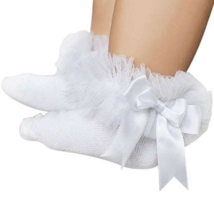 3 Pairs Bow Lace Socks Baby Cotton Ankle Socks, Size:S(White Socks White Bow)-garmade.com