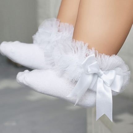 3 Pairs Bow Lace Socks Baby Cotton Ankle Socks, Size:S(White Socks White Bow)-garmade.com