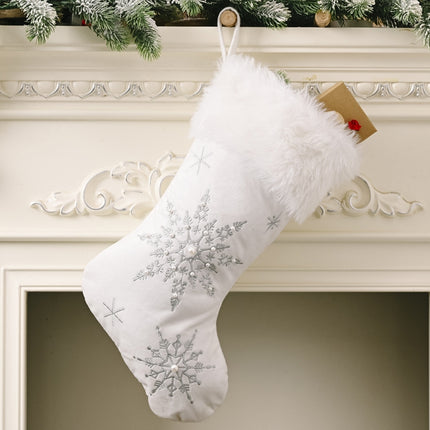 Christmas Decorations Flannel Pearl Snowflake Christmas Socks Plush Christmas Socks Gift Socks(Silver)-garmade.com