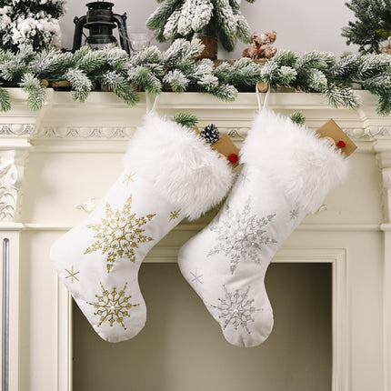 Christmas Decorations Flannel Pearl Snowflake Christmas Socks Plush Christmas Socks Gift Socks(Silver)-garmade.com
