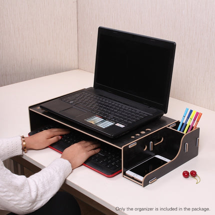 Elevated Wood Computer Monitor Stand Riser Laptop Shelf Desk Organizer with Keyboard Storage (Black)-garmade.com