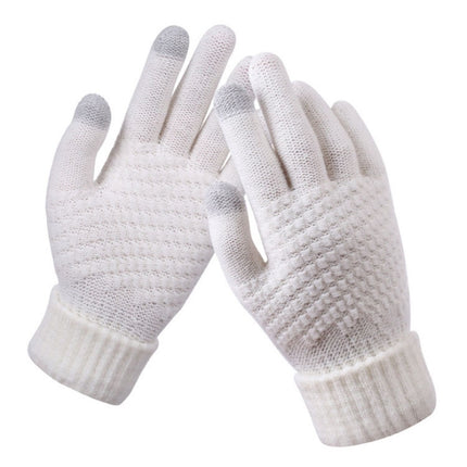 Winter Touch Screen Gloves Women Men Warm Stretch Knit Mittens Imitation Wool Thicken Full Finger Gloves(White)-garmade.com