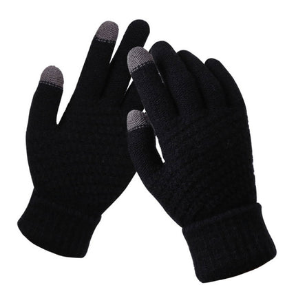 Winter Touch Screen Gloves Women Men Warm Stretch Knit Mittens Imitation Wool Thicken Full Finger Gloves(Black)-garmade.com