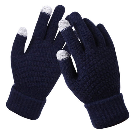 Winter Touch Screen Gloves Women Men Warm Stretch Knit Mittens Imitation Wool Thicken Full Finger Gloves(Navy Blue)-garmade.com