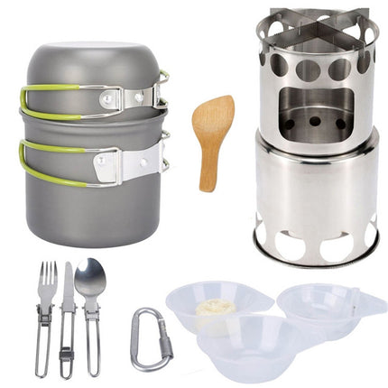 Outdoor Hiking Camping Wood Stove Set With Cutlery(Fruit Green Handle)-garmade.com
