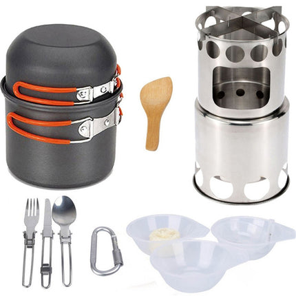 Outdoor Hiking Camping Wood Stove Set With Cutlery(Orange Handle)-garmade.com