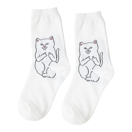 Middle Finger Cat Men and Women Hip Hop Street Wind Skateboard Tube Cotton Socks(Cat White)-garmade.com