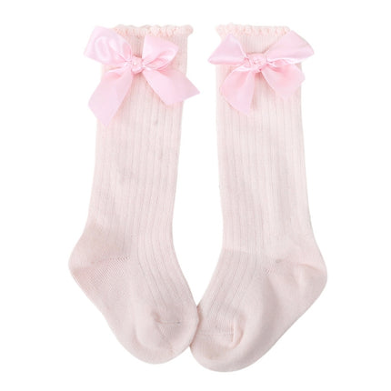 Kids Socks Toddlers Girls Big Bow Knee High Long Soft Cotton Lace baby Socks, Size:S(Pink )-garmade.com