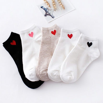 10 Pairs Cute Socks Women Red Heart Pattern Soft Breathable Cotton Socks Ankle-High Casual Comfy Socks(Beige body red heart)-garmade.com
