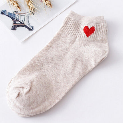 10 Pairs Cute Socks Women Red Heart Pattern Soft Breathable Cotton Socks Ankle-High Casual Comfy Socks(Beige body red heart)-garmade.com