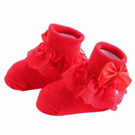 3 Pairs Bow Lace Baby Socks Newborn Cotton Baby Sock, Size:M(Red)-garmade.com