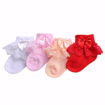 3 Pairs Bow Lace Baby Socks Newborn Cotton Baby Sock, Size:M(Red)-garmade.com