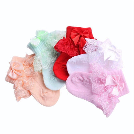 3 Pairs Bow Lace Baby Socks Newborn Cotton Baby Sock, Size:M(Red)-garmade.com