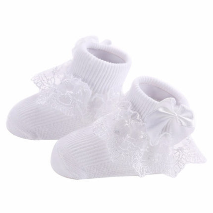 3 Pairs Bow Lace Baby Socks Newborn Cotton Baby Sock, Size:M(White)-garmade.com