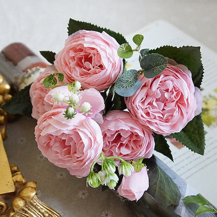 Beautiful Rose Peony Artificial Silk Flowers Small Bouquet Fores Home Party Spring Wedding Decoration Fake Flower(Pink)-garmade.com