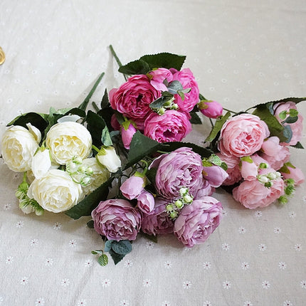 Beautiful Rose Peony Artificial Silk Flowers Small Bouquet Fores Home Party Spring Wedding Decoration Fake Flower(Pink)-garmade.com
