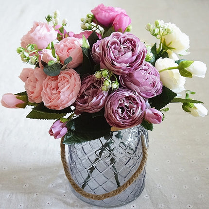 Beautiful Rose Peony Artificial Silk Flowers Small Bouquet Fores Home Party Spring Wedding Decoration Fake Flower(White)-garmade.com